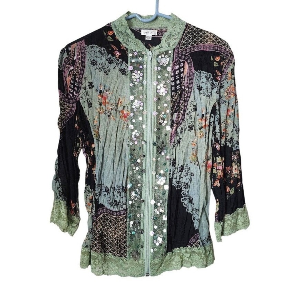 JAIPUR Semi Sheer Patchwork Floral Lace Sequin Zip Front Boho Top Whimsygoth M